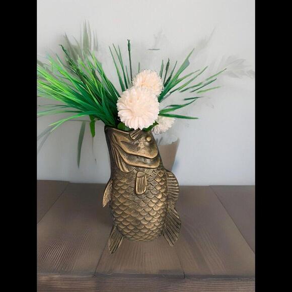 VTG Koi Fish Brass Vase Statue Sculpture Home Decor - Picture 1 of 15